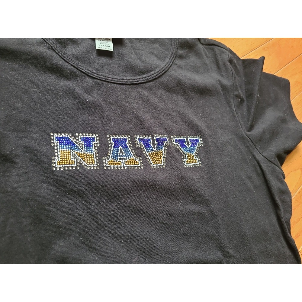 US Navy T Shirt Womens Sz XL Sequin Bedazzled Black Short Sleeve Tshirt